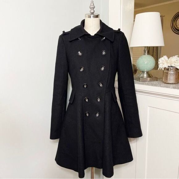 Via Spiga Black Wool Fit & Flare Skating Peacoat Dressy Winter Pea Coat XS 2 - Picture 3 of 10